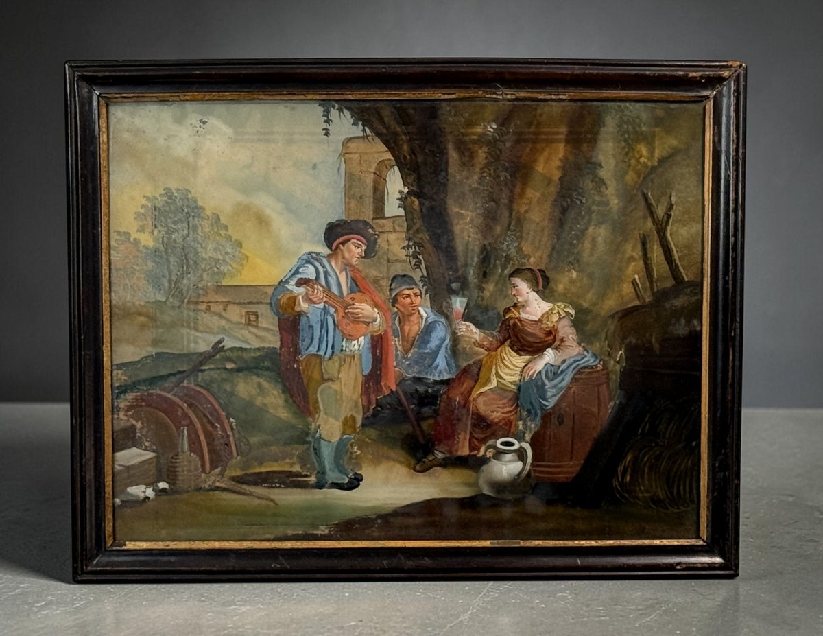 TABLEAU / ECOLE FRANCAISE DU XVIIIe FIXÉ SOUS VERRE " SCENE GALANTE N°1 "