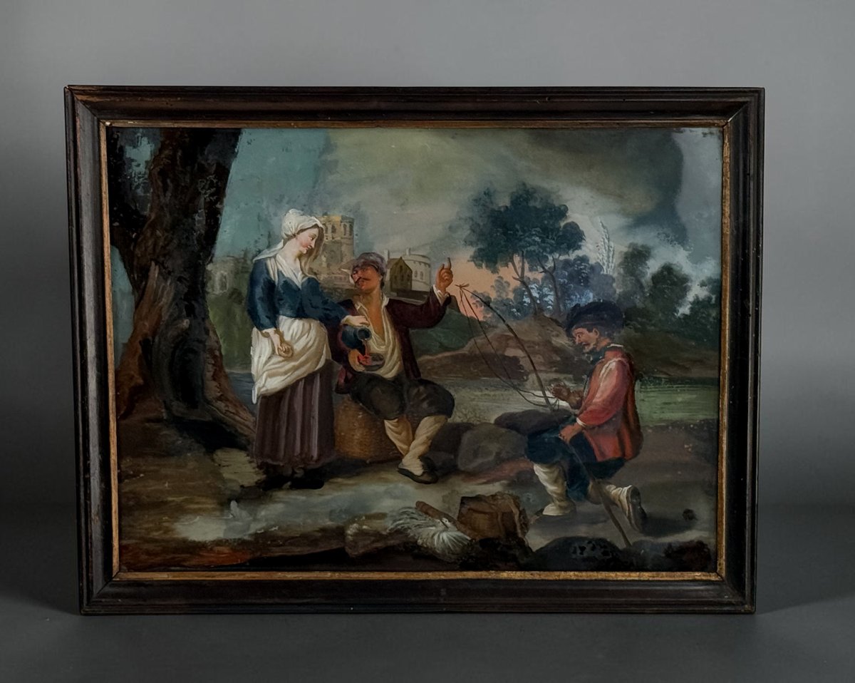 TABLEAU / ECOLE FRANCAISE DU XVIIIe FIXÉ SOUS VERRE " SCENE GALANTE N° 2 "-photo-2