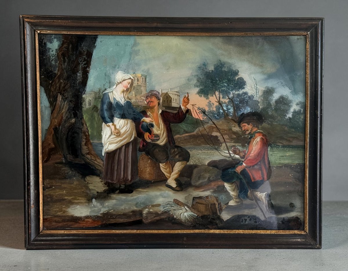 TABLEAU / ECOLE FRANCAISE DU XVIIIe FIXÉ SOUS VERRE " SCENE GALANTE N° 2 "-photo-4