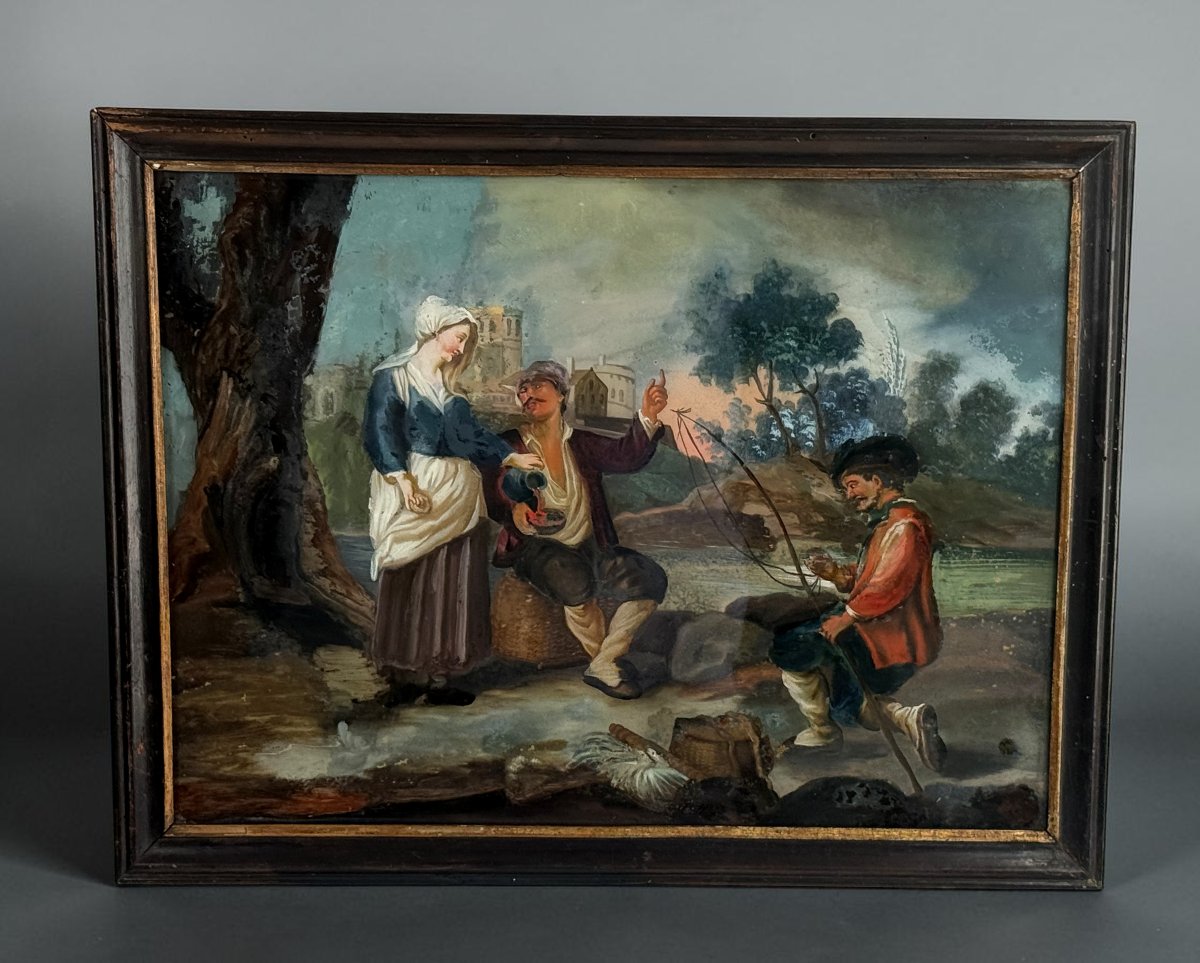 TABLEAU / ECOLE FRANCAISE DU XVIIIe FIXÉ SOUS VERRE " SCENE GALANTE N° 2 "