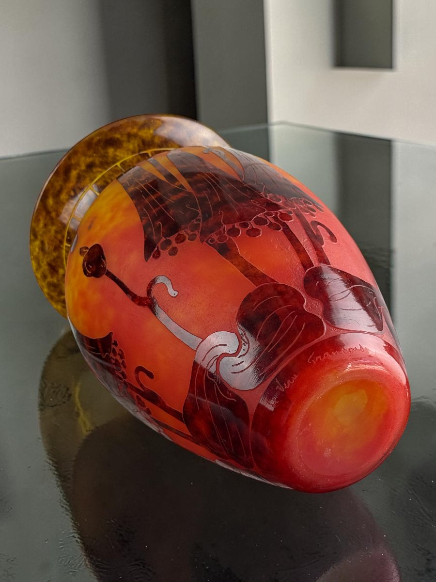 Charles Schneider – French Glass, Art Deco Vase With Campanulas Decor-photo-5