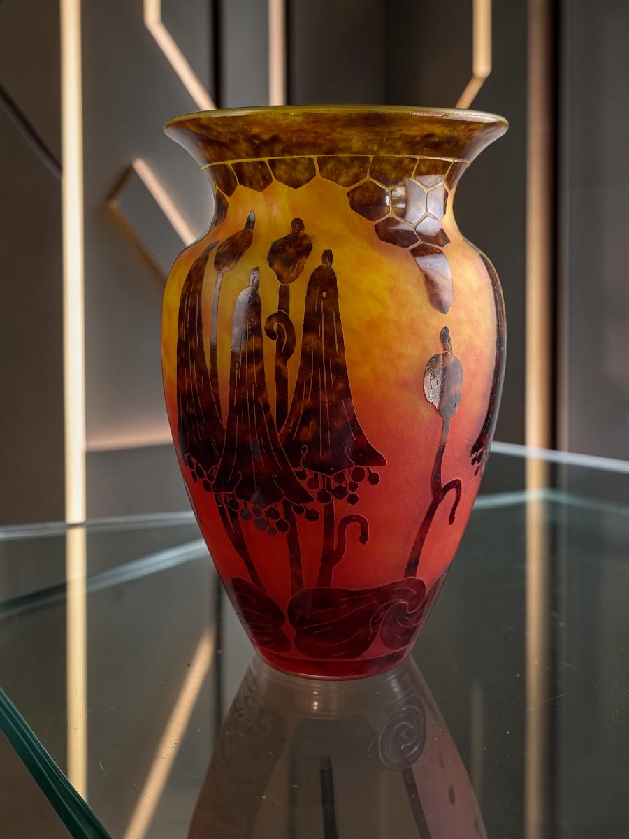 Charles Schneider – French Glass, Art Deco Vase With Campanulas Decor