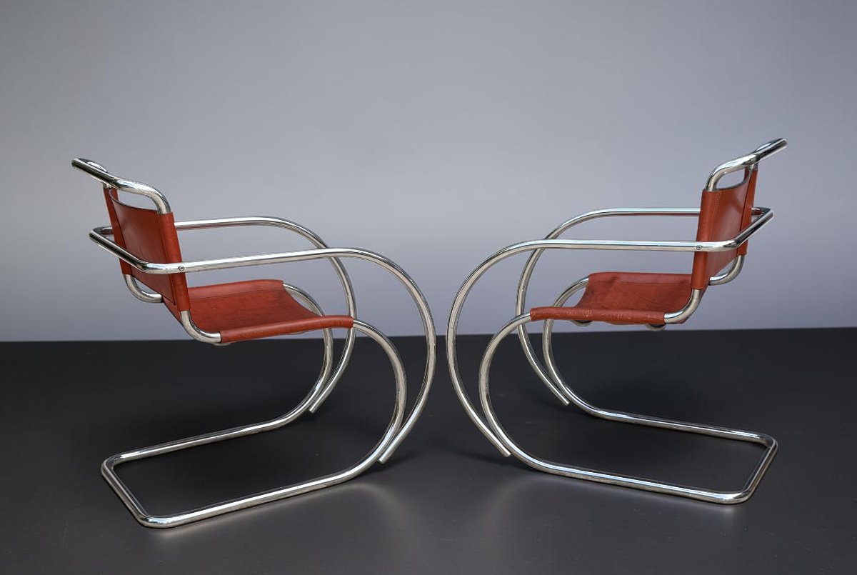 PAIRE DE FAUTEUILS CUIR ET CHROME MR20 DES ANNÉES 70 MODELE DE MIES VAN DER ROHE-photo-3