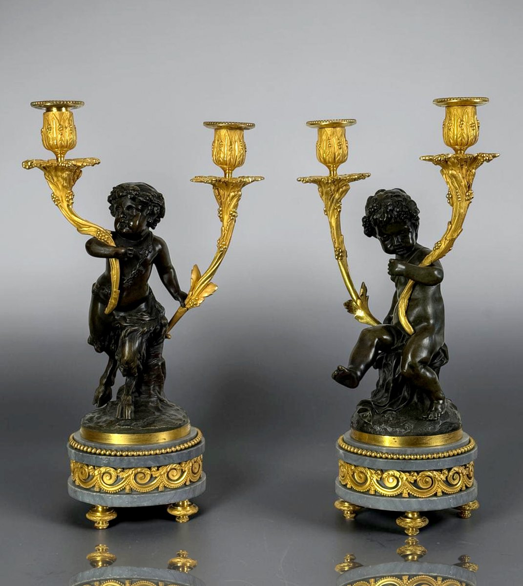 PAIRE DE CANDELABRES EN BRONZE PATINÉ ET DORÉ D'APRES CLODION EPOQUE NAPOLEON III-photo-2