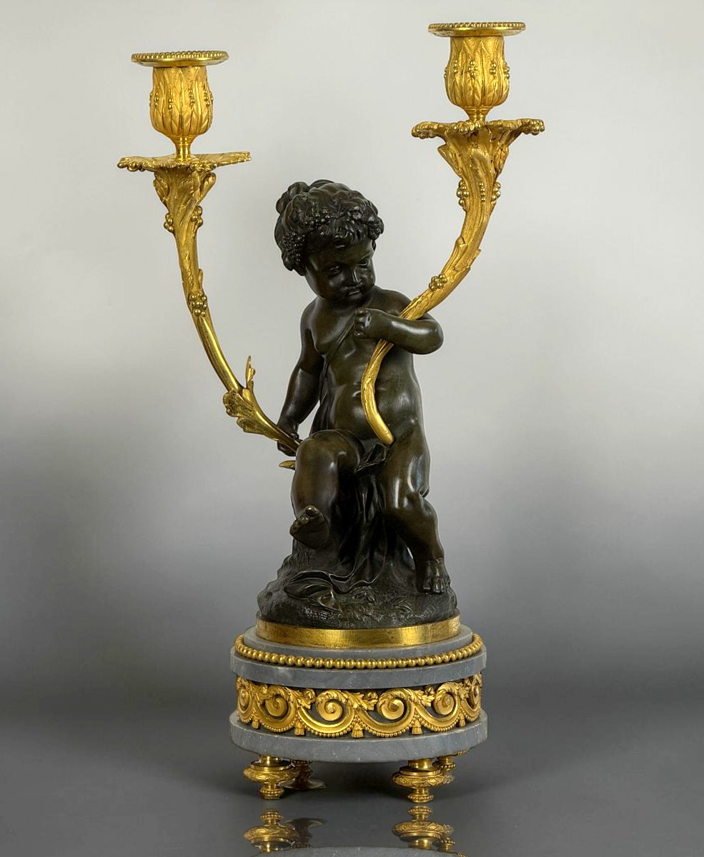 PAIRE DE CANDELABRES EN BRONZE PATINÉ ET DORÉ D'APRES CLODION EPOQUE NAPOLEON III-photo-3