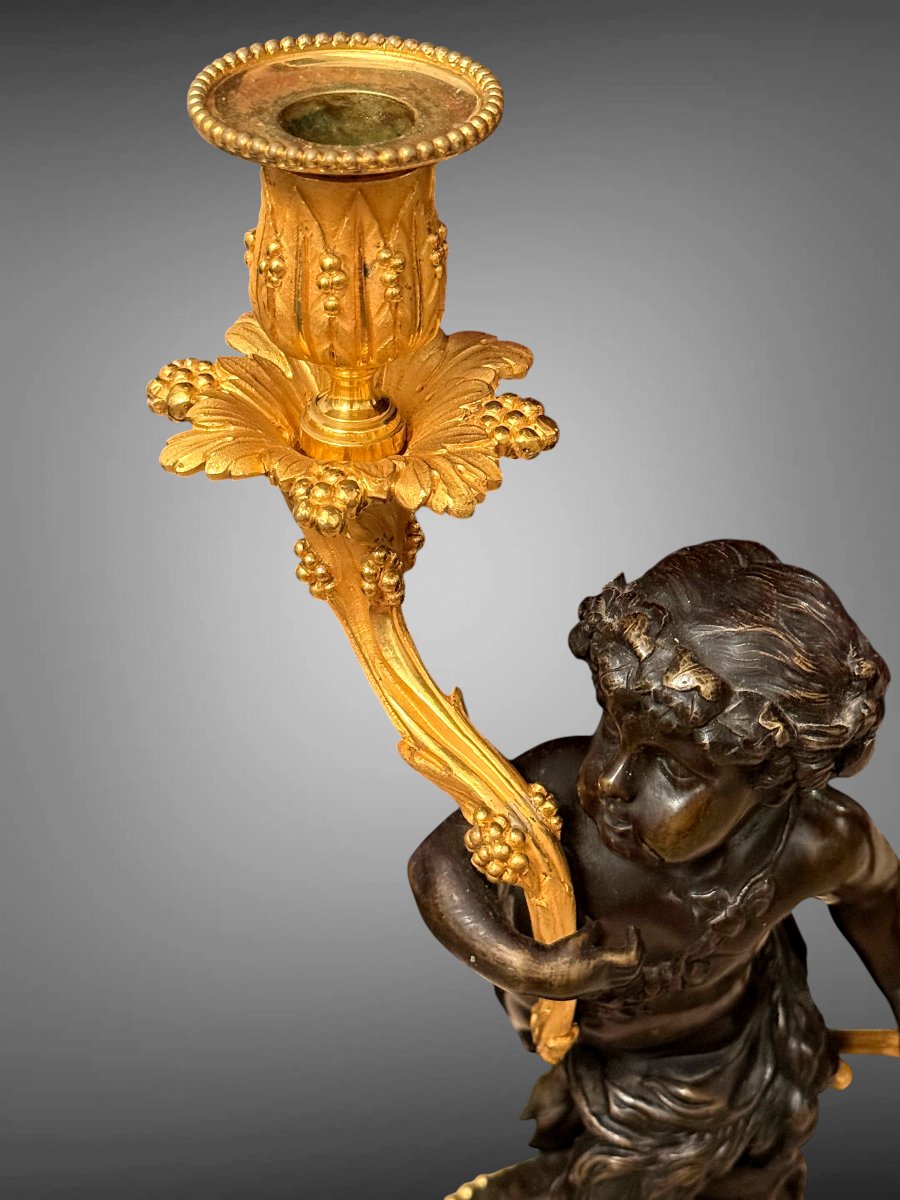 PAIRE DE CANDELABRES EN BRONZE PATINÉ ET DORÉ D'APRES CLODION EPOQUE NAPOLEON III-photo-3