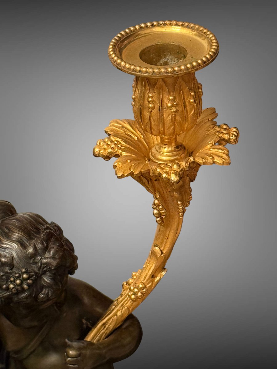 PAIRE DE CANDELABRES EN BRONZE PATINÉ ET DORÉ D'APRES CLODION EPOQUE NAPOLEON III-photo-5