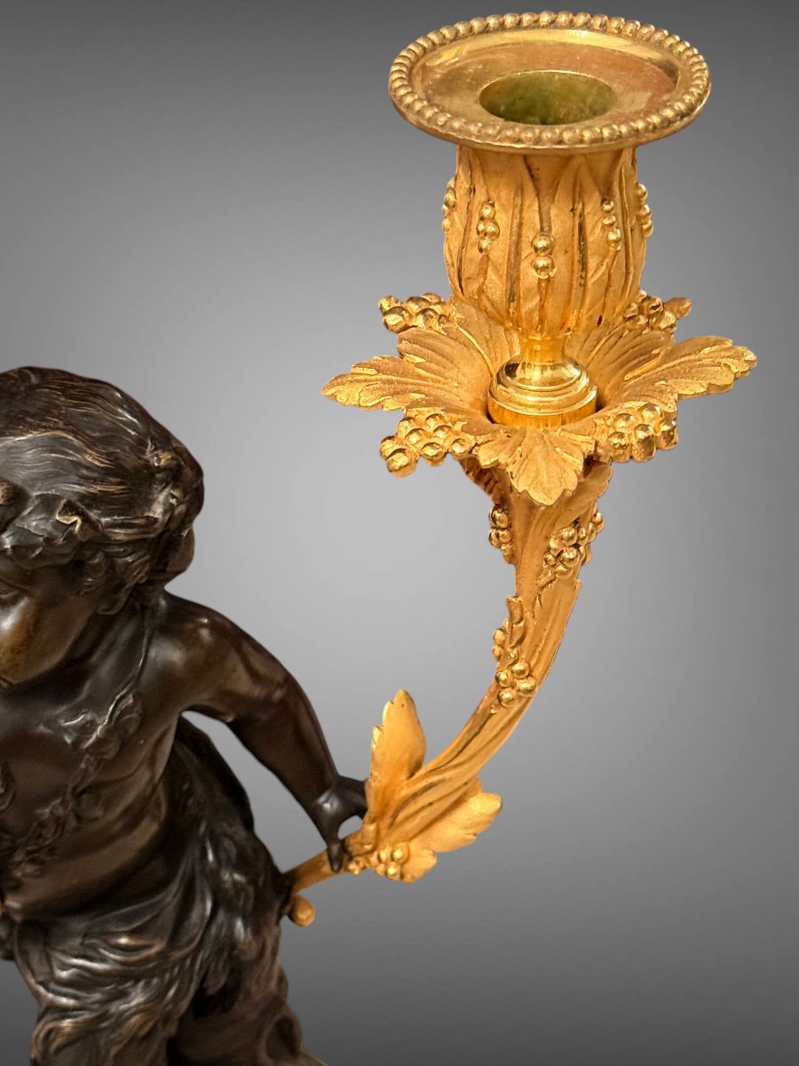 PAIRE DE CANDELABRES EN BRONZE PATINÉ ET DORÉ D'APRES CLODION EPOQUE NAPOLEON III-photo-7