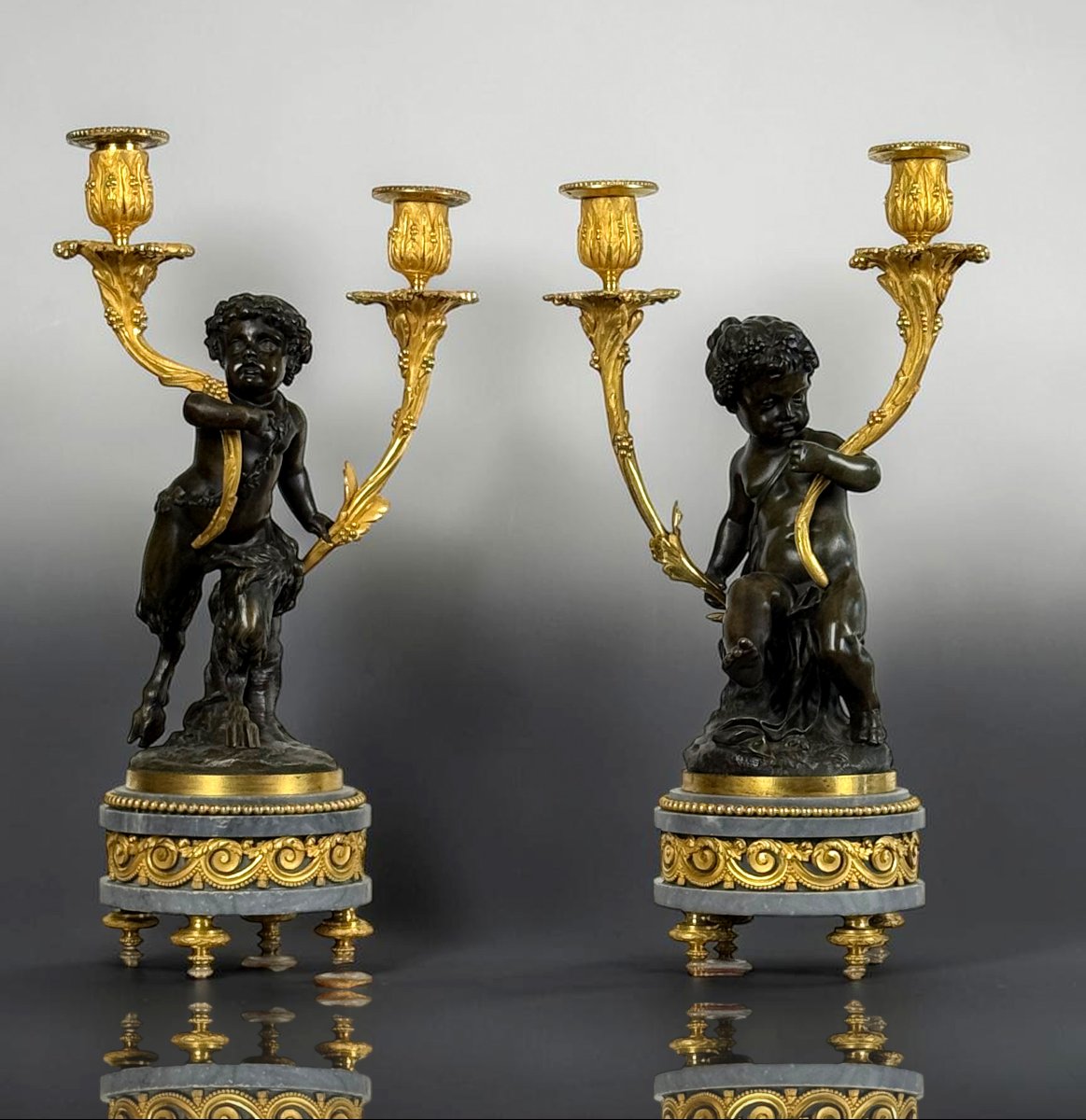 PAIRE DE CANDELABRES EN BRONZE PATINÉ ET DORÉ D'APRES CLODION EPOQUE NAPOLEON III