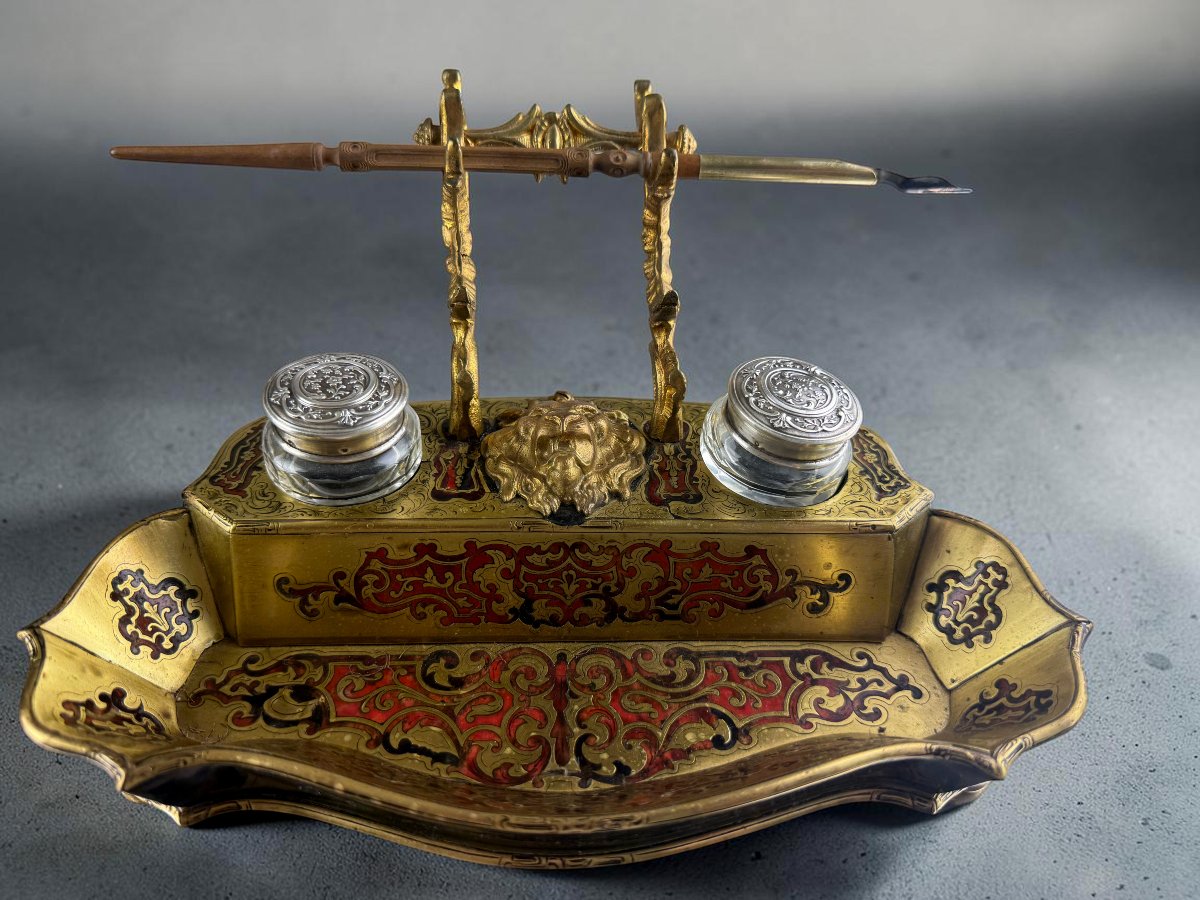 Napoleon III Inkwell In Gilded Bronze And Champlevé Enamel With A Silver Stopper