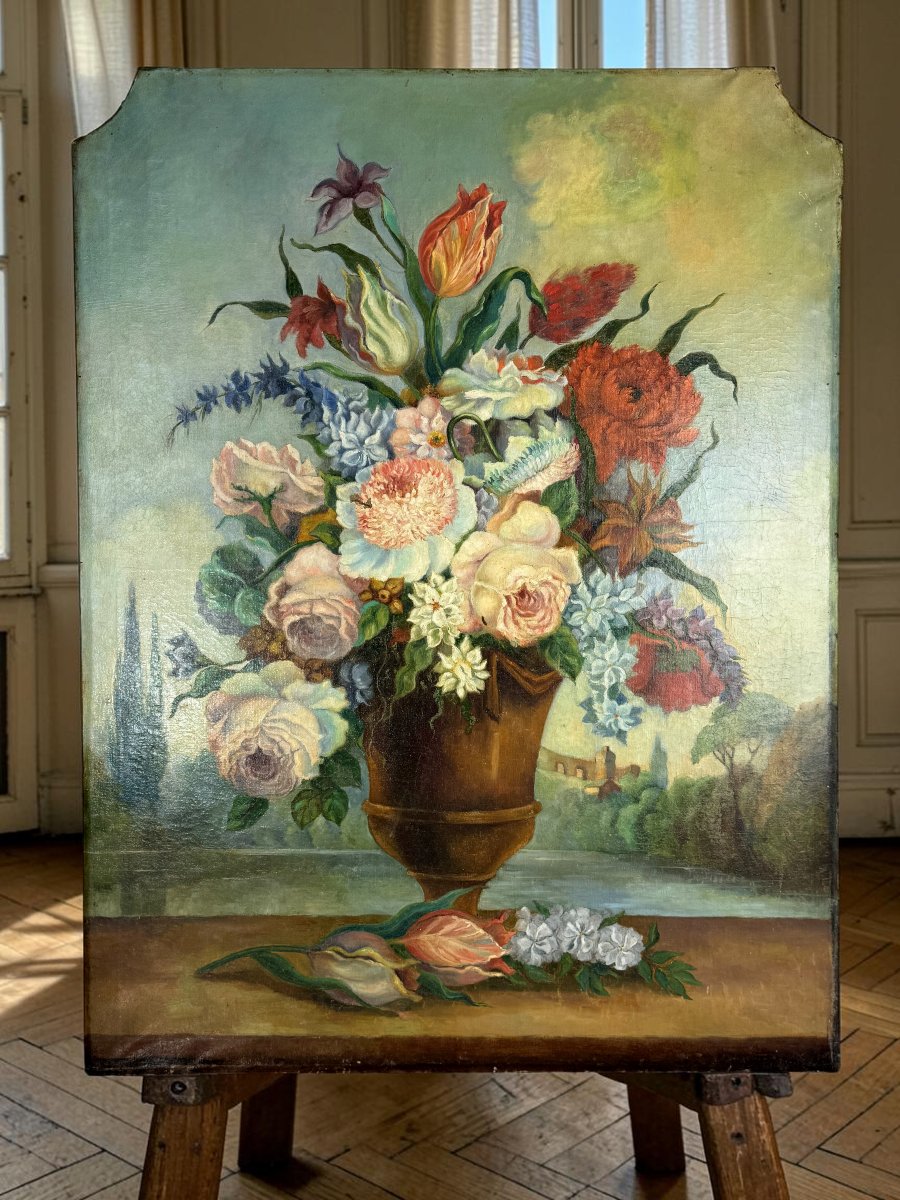 PEINTURE DE BOISERIE DU XIXe – NATURE MORTE AU BOUQUET DE FLEURS 109cm × 83 cm-photo-3