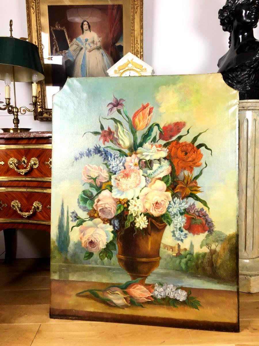 PEINTURE DE BOISERIE DU XIXe – NATURE MORTE AU BOUQUET DE FLEURS 109cm × 83 cm-photo-4