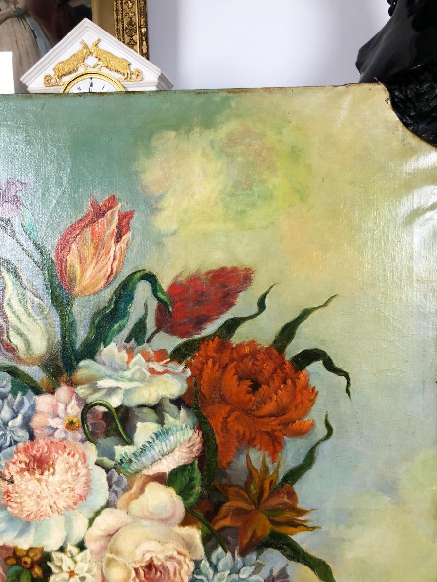 PEINTURE DE BOISERIE DU XIXe – NATURE MORTE AU BOUQUET DE FLEURS 109cm × 83 cm-photo-3