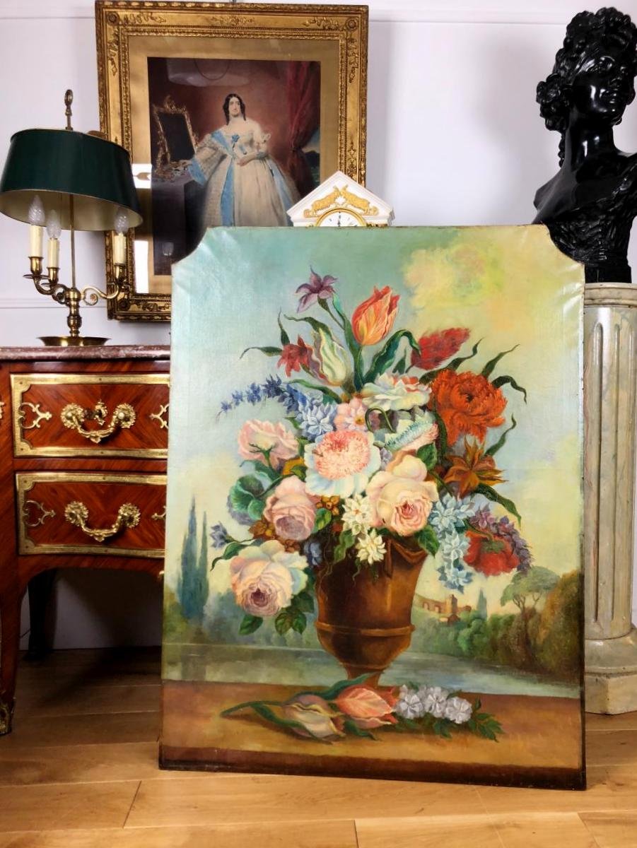 PEINTURE DE BOISERIE DU XIXe – NATURE MORTE AU BOUQUET DE FLEURS 109cm × 83 cm-photo-5