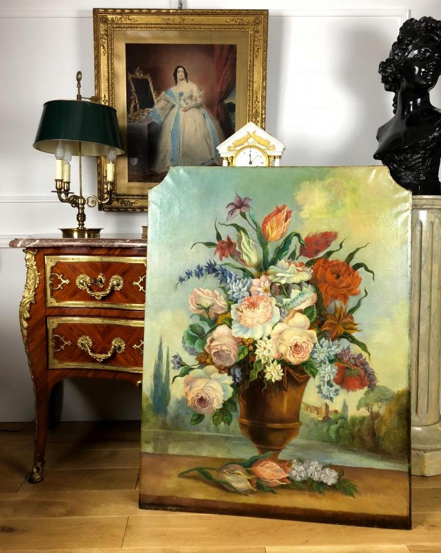 PEINTURE DE BOISERIE DU XIXe – NATURE MORTE AU BOUQUET DE FLEURS 109cm × 83 cm-photo-7