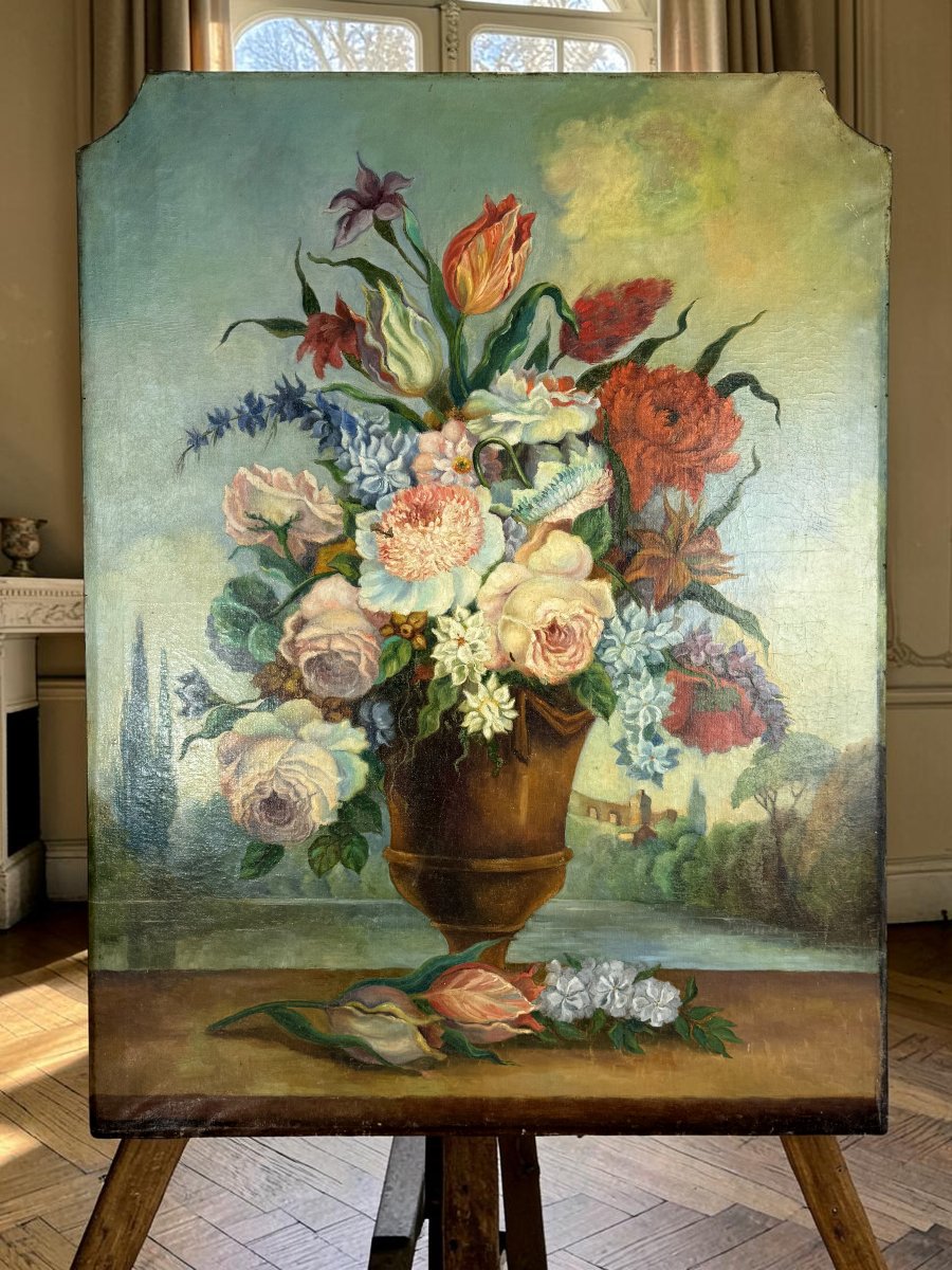 PEINTURE DE BOISERIE DU XIXe – NATURE MORTE AU BOUQUET DE FLEURS 109cm × 83 cm