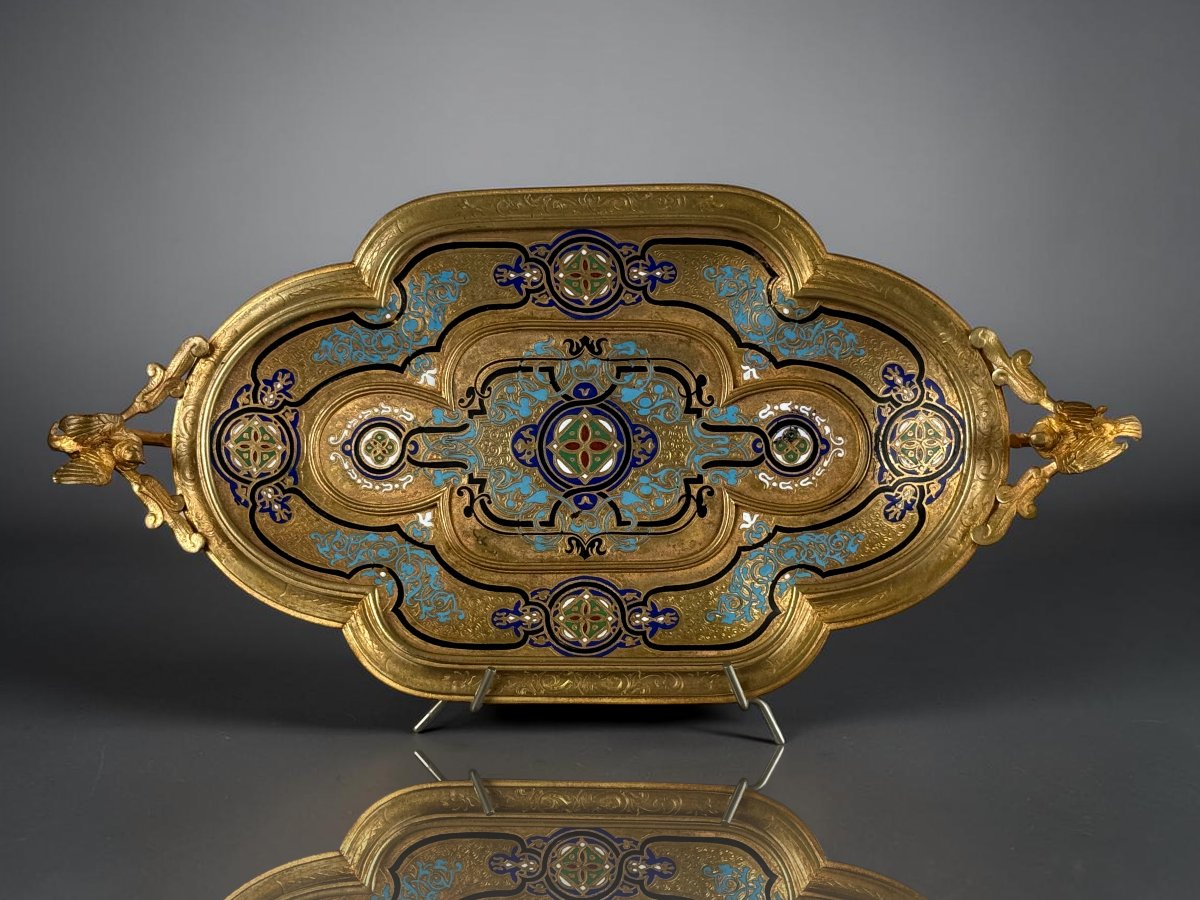 Gilded Bronze Tray With Champlevé Enamels, Signed By Alphonse Giroux, Napoleon III-photo-2