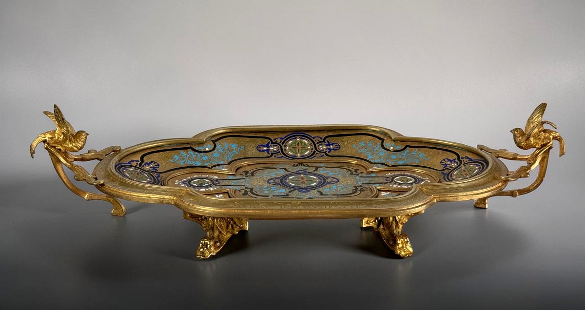 Gilded Bronze Tray With Champlevé Enamels, Signed By Alphonse Giroux, Napoleon III-photo-3