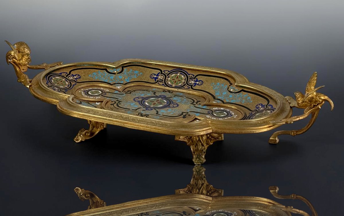 Gilded Bronze Tray With Champlevé Enamels, Signed By Alphonse Giroux, Napoleon III-photo-4