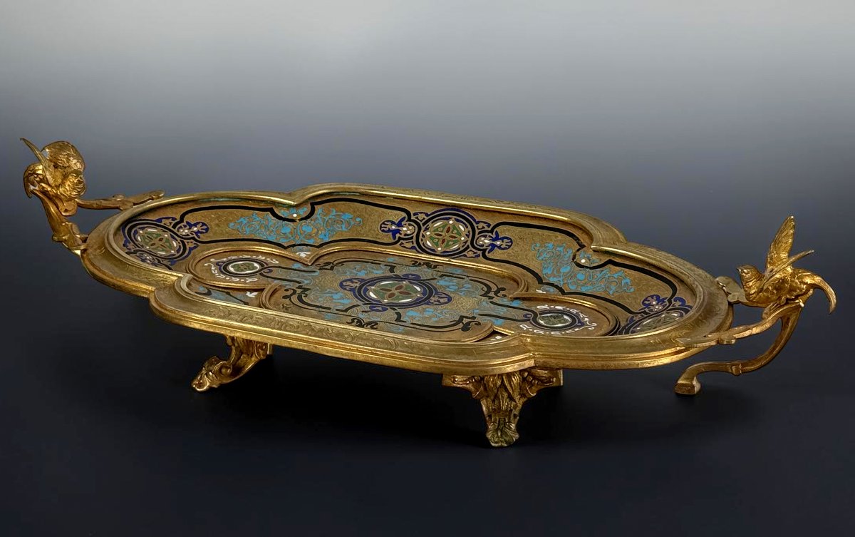 Gilded Bronze Tray With Champlevé Enamels, Signed By Alphonse Giroux, Napoleon III-photo-1