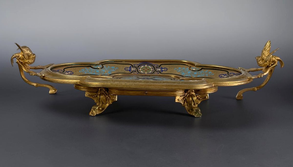 Gilded Bronze Tray With Champlevé Enamels, Signed By Alphonse Giroux, Napoleon III-photo-2