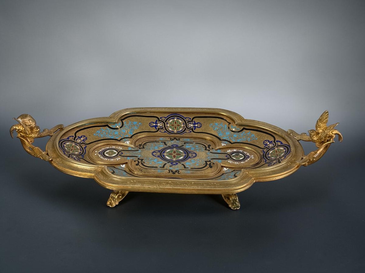 Gilded Bronze Tray With Champlevé Enamels, Signed By Alphonse Giroux, Napoleon III-photo-3