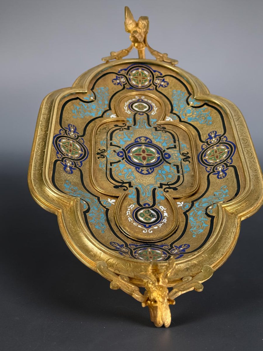 Gilded Bronze Tray With Champlevé Enamels, Signed By Alphonse Giroux, Napoleon III-photo-4
