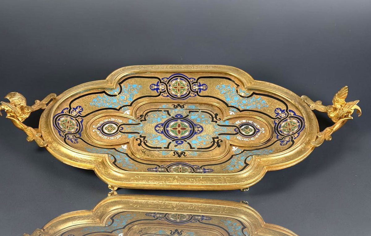 Gilded Bronze Tray With Champlevé Enamels, Signed By Alphonse Giroux, Napoleon III