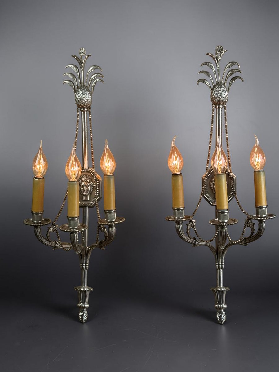 PAIRE D APPLIQUES SIGNÉES " MAISON CHARLES " de 68 CM EN BRONZE ARGENTÉ-photo-2