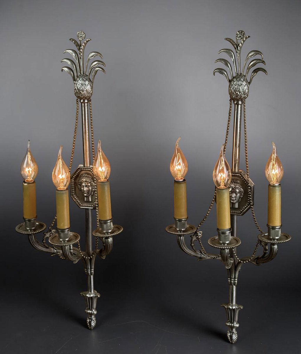 PAIRE D APPLIQUES SIGNÉES " MAISON CHARLES " de 68 CM EN BRONZE ARGENTÉ-photo-4