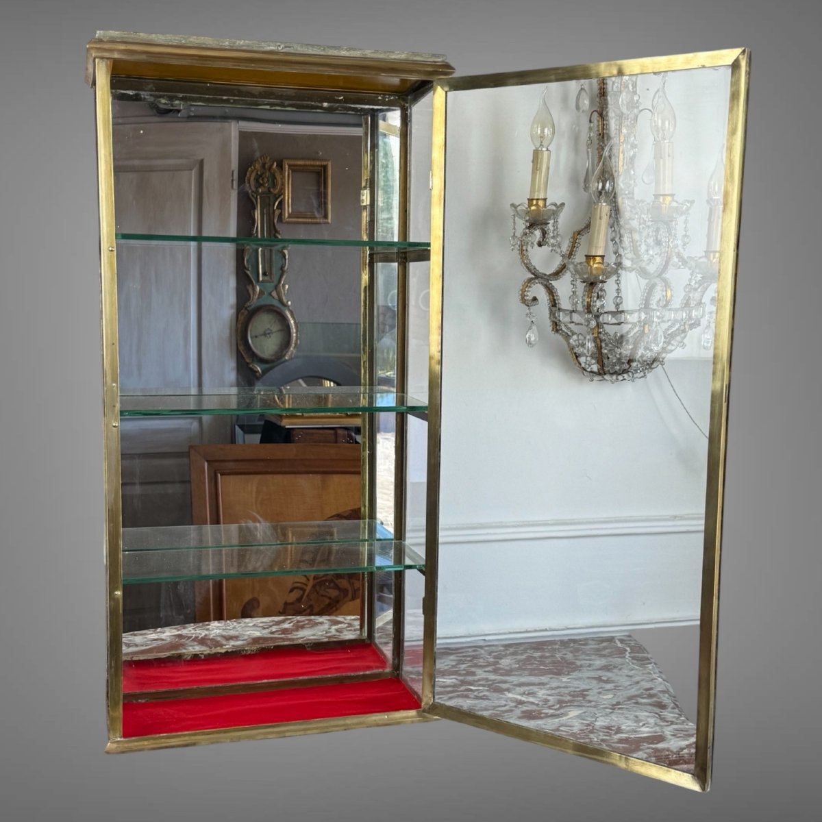 VITRINE ANCIENNE DE MAGASIN EN LAITON / VERRE ET MIROIR DE LA FIN DU XIX eme-photo-7