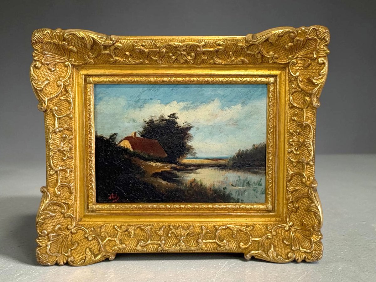 Painting / Signed Oil On Panel Depicting A Landscape With A Pond (framed)-photo-2