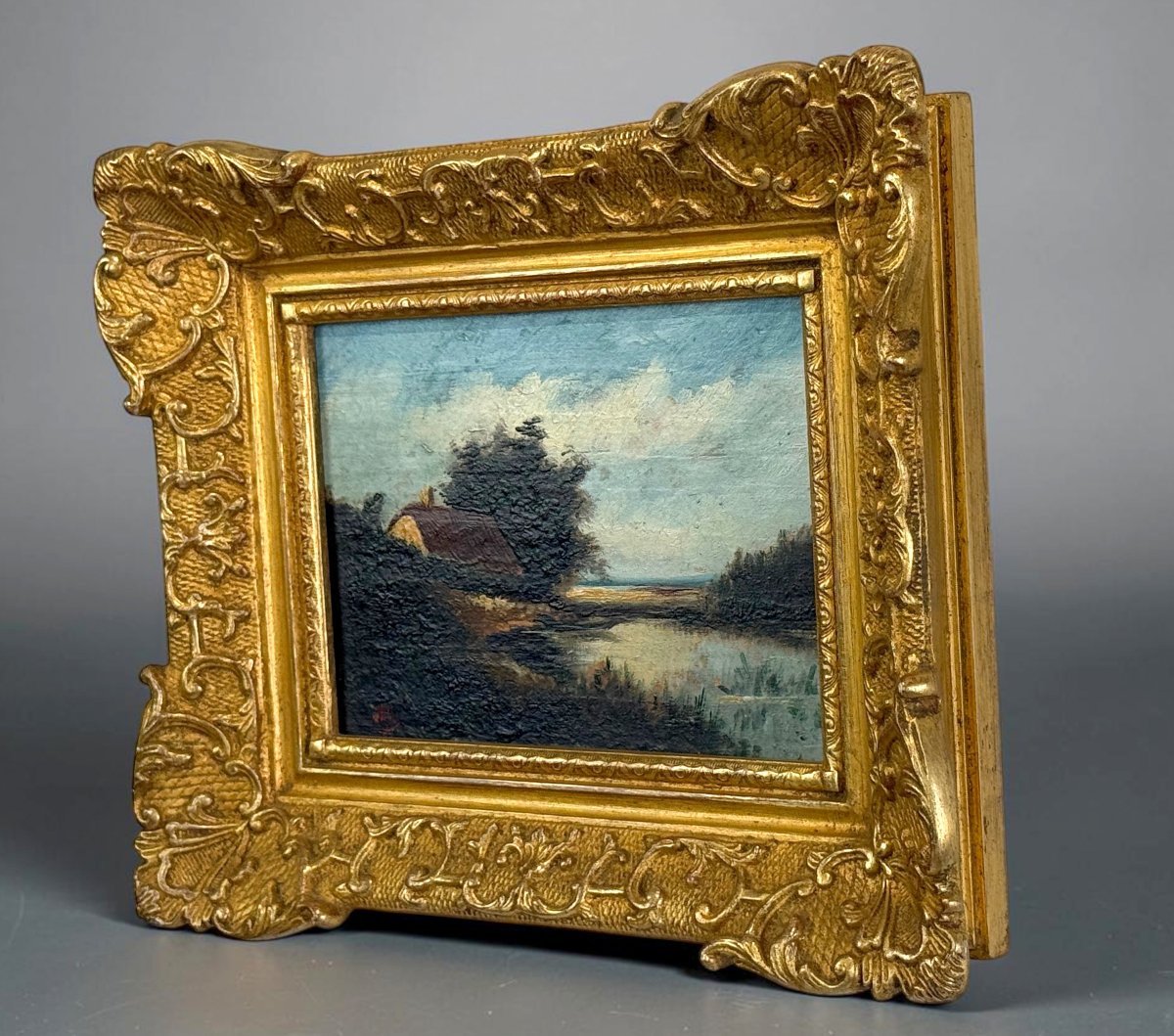 Painting / Signed Oil On Panel Depicting A Landscape With A Pond (framed)-photo-3