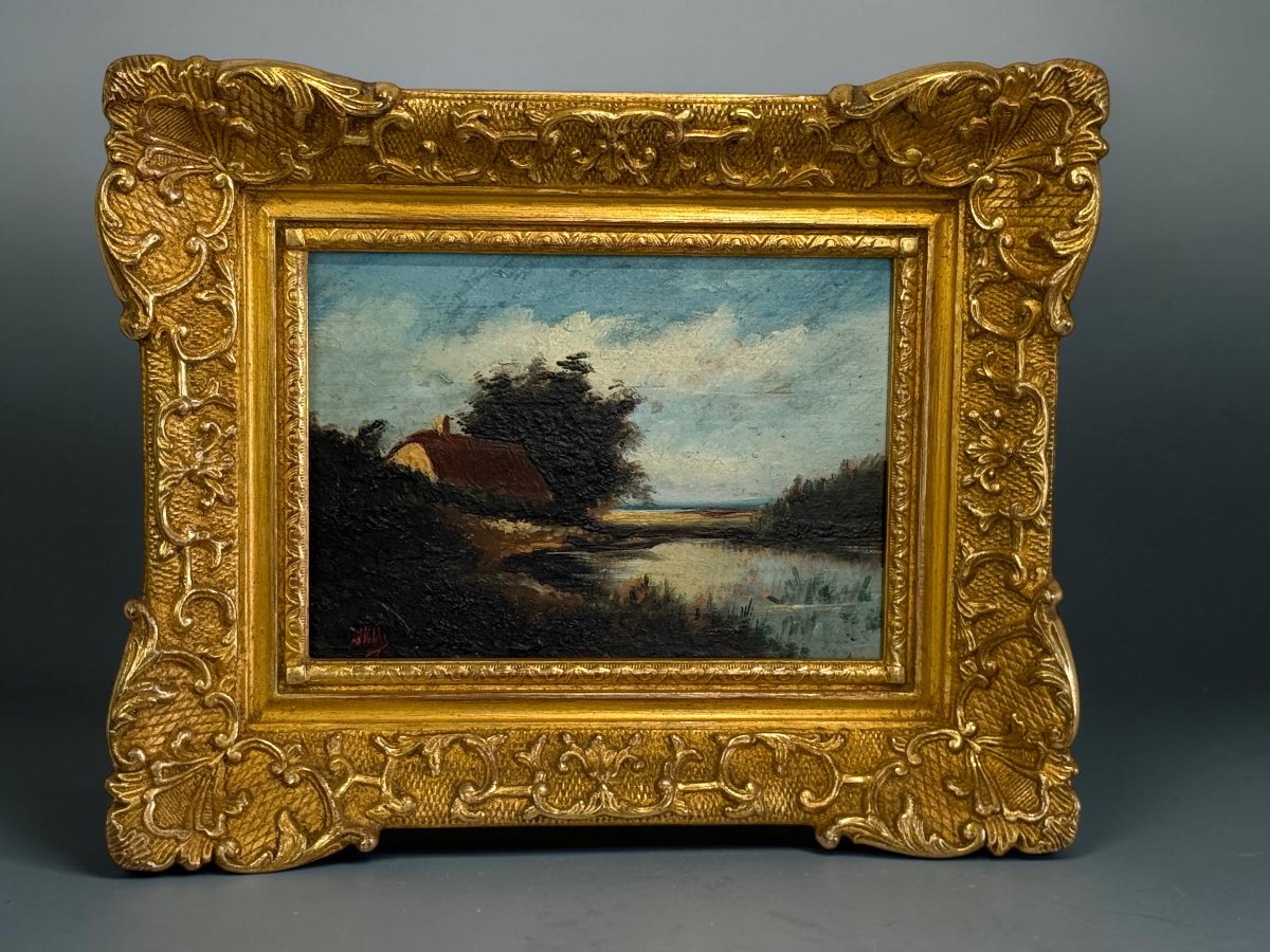 Painting / Signed Oil On Panel Depicting A Landscape With A Pond (framed)-photo-4