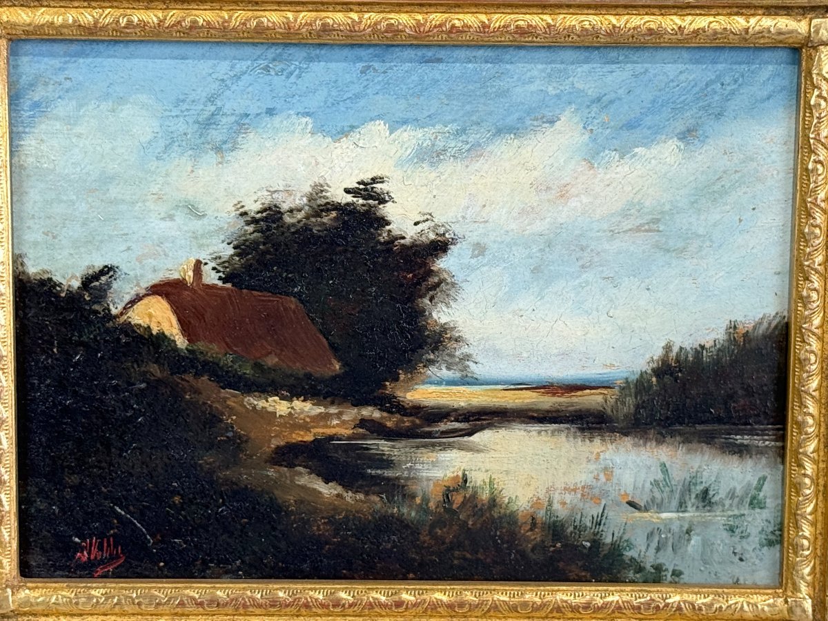 Painting / Signed Oil On Panel Depicting A Landscape With A Pond (framed)-photo-1