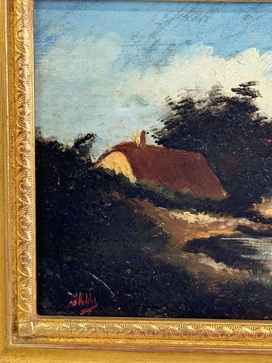 Painting / Signed Oil On Panel Depicting A Landscape With A Pond (framed)-photo-2