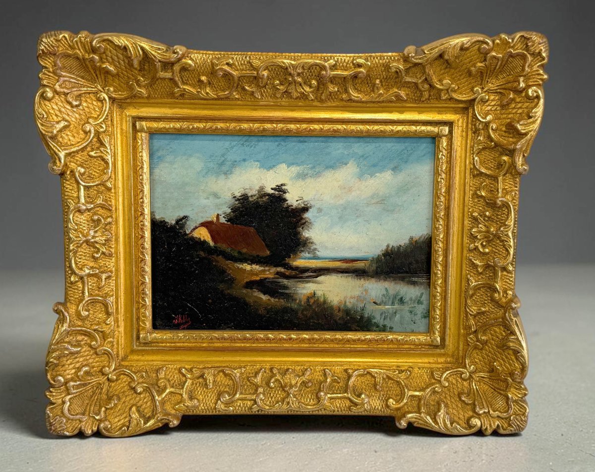 Painting / Signed Oil On Panel Depicting A Landscape With A Pond (framed)
