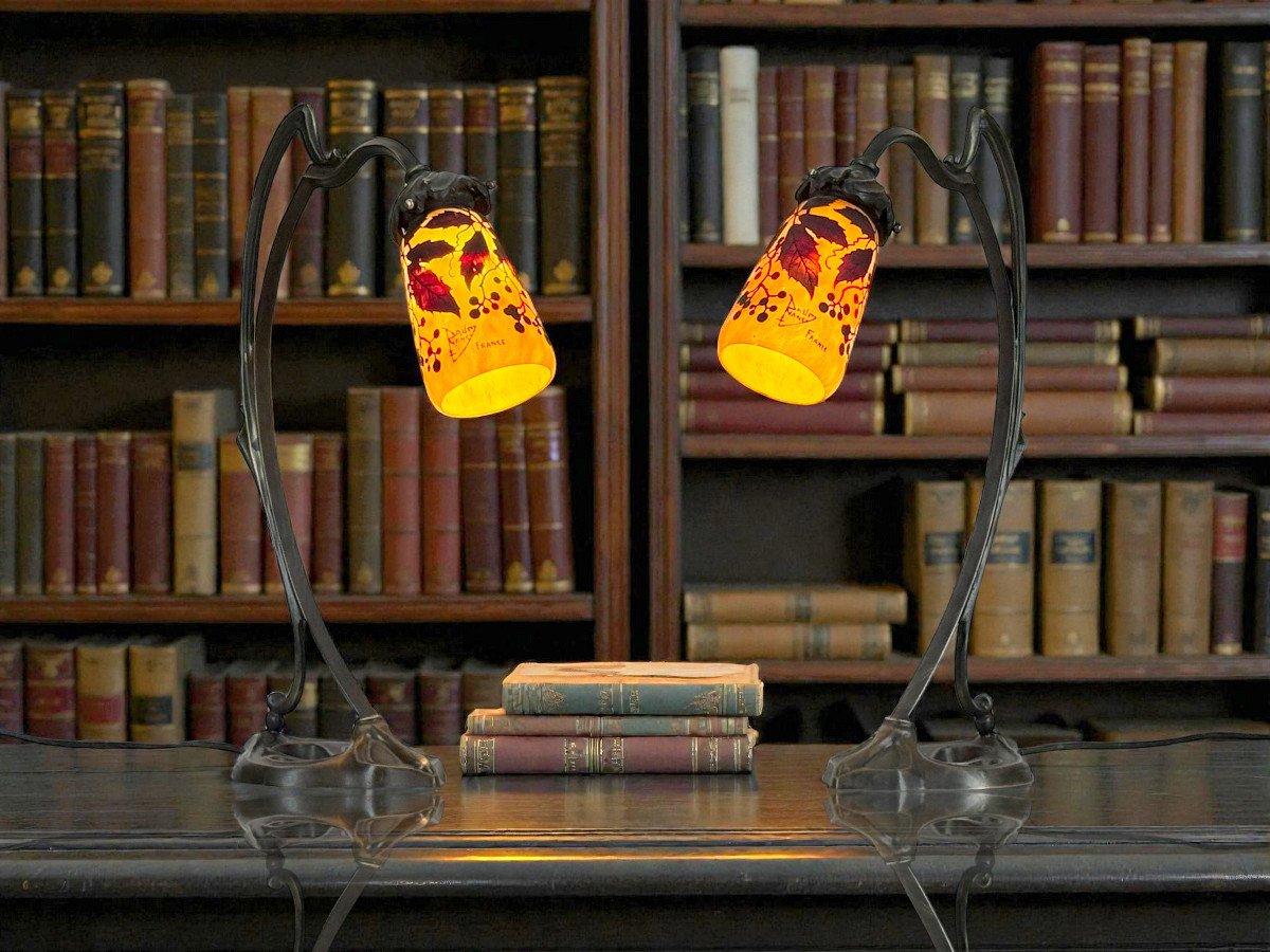 PAIRE DE LAMPES " DAUM NANCY " TULIPES SIGNÉES D' EPOQUE ART NOUVEAU-photo-2