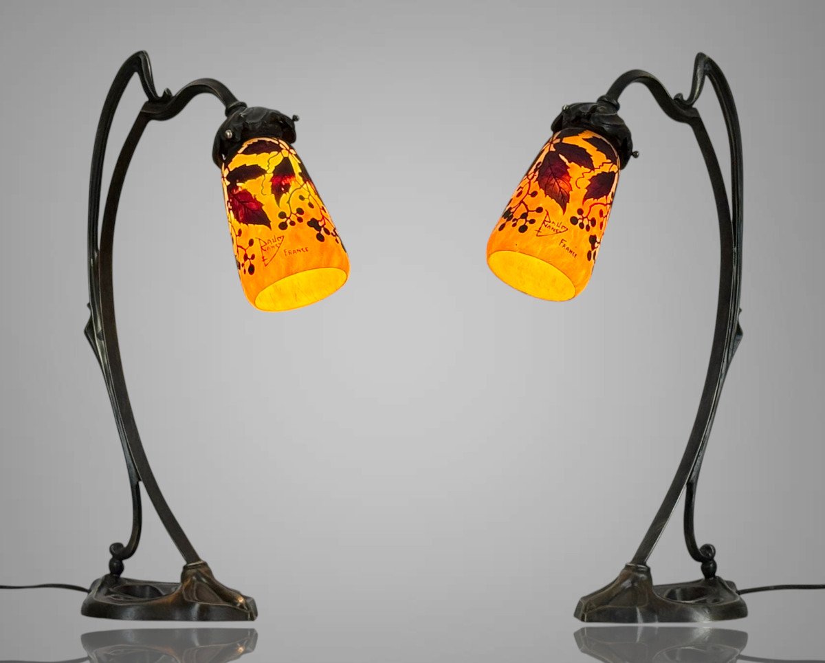 PAIRE DE LAMPES " DAUM NANCY " TULIPES SIGNÉES D' EPOQUE ART NOUVEAU-photo-3