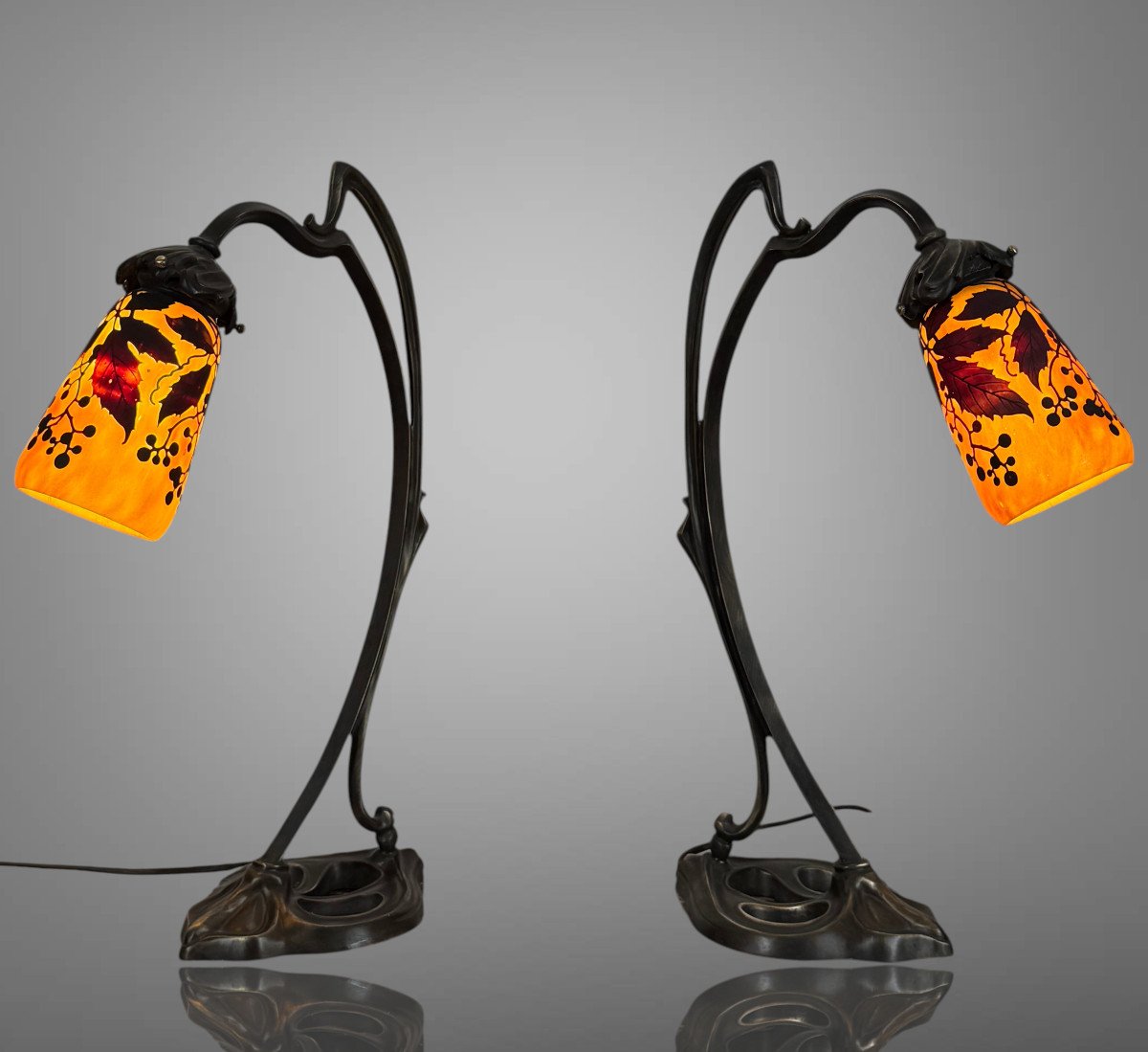 PAIRE DE LAMPES " DAUM NANCY " TULIPES SIGNÉES D' EPOQUE ART NOUVEAU-photo-4