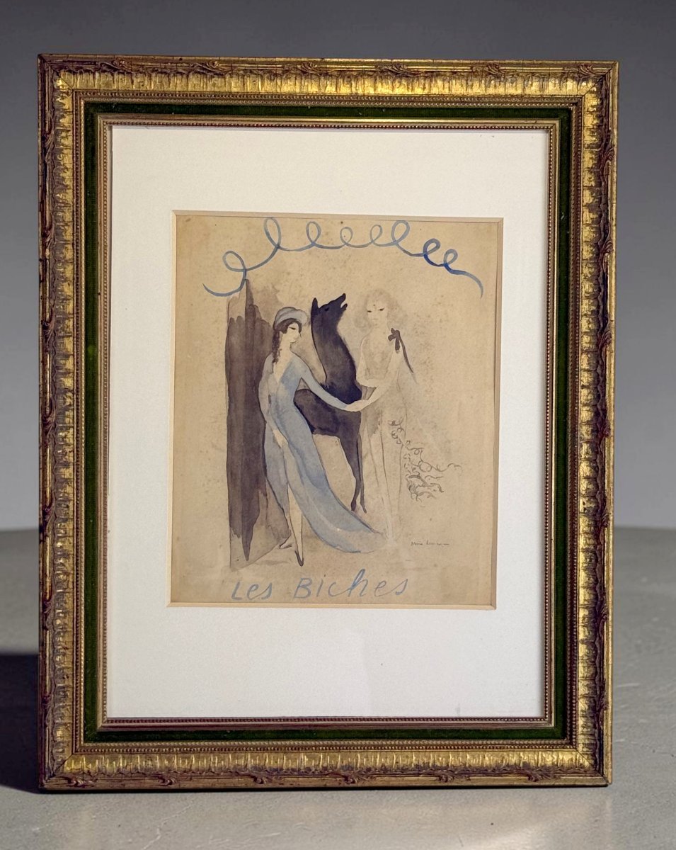 LITHOGRAPHIE REHAUSSÉE A AQUARELLE DE MARIE LAURENCIN 1883-1956 " LES BICHES "-photo-2