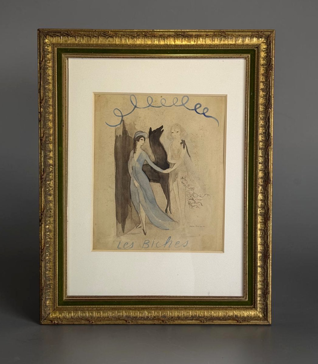 LITHOGRAPHIE REHAUSSÉE A AQUARELLE DE MARIE LAURENCIN 1883-1956 " LES BICHES "-photo-3