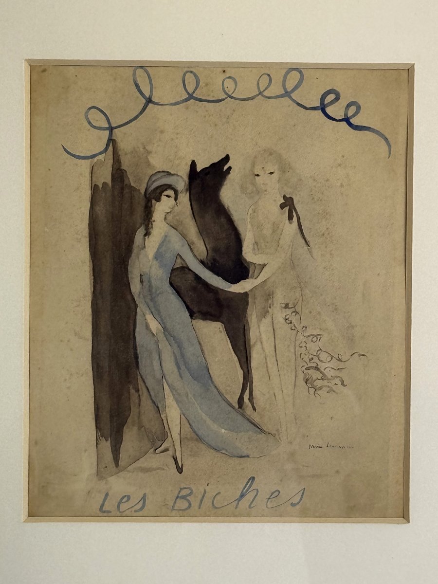 LITHOGRAPHIE REHAUSSÉE A AQUARELLE DE MARIE LAURENCIN 1883-1956 " LES BICHES "-photo-4