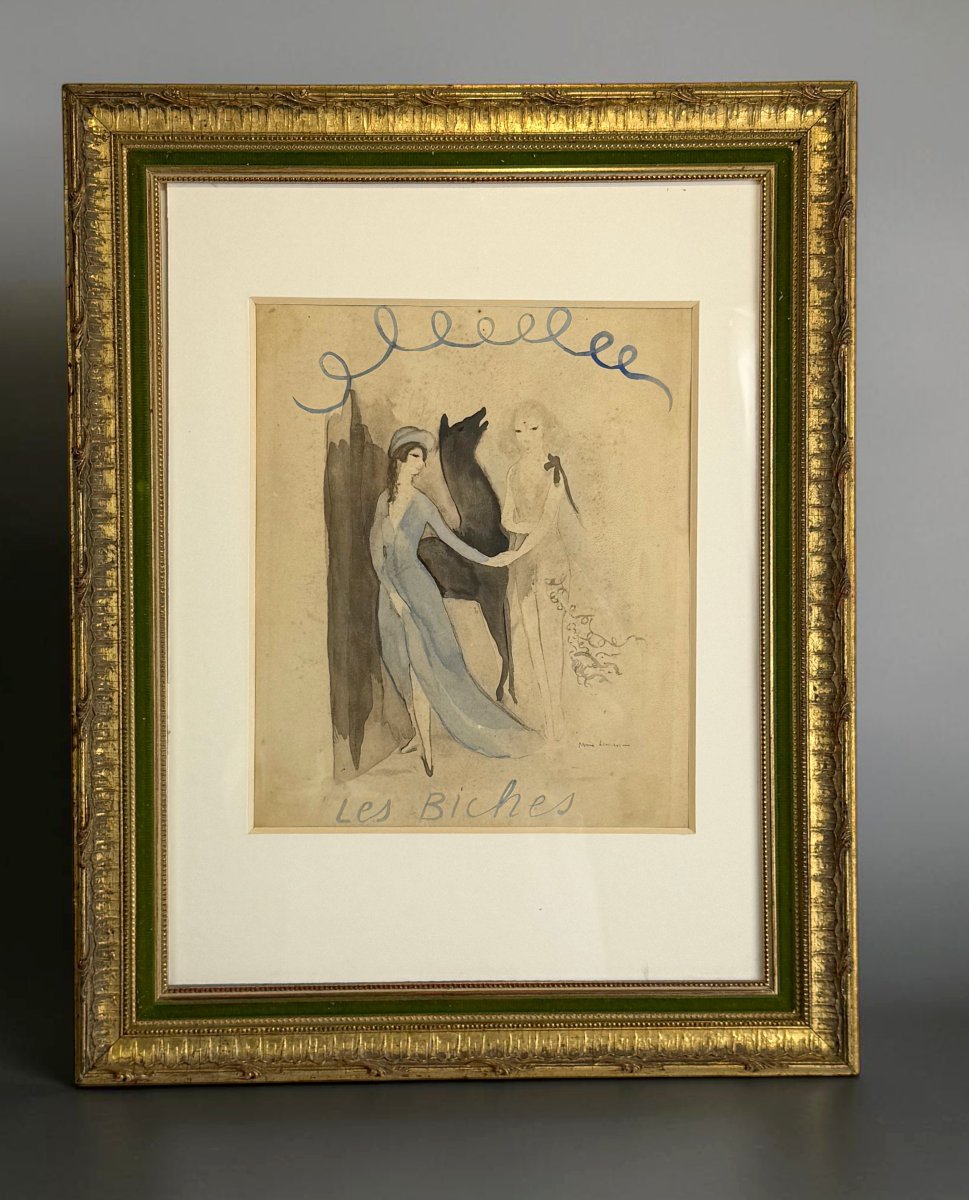 LITHOGRAPHIE REHAUSSÉE A AQUARELLE DE MARIE LAURENCIN 1883-1956 " LES BICHES "-photo-1