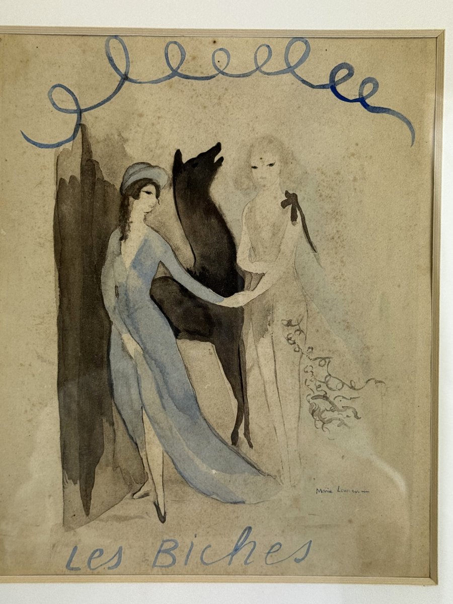 LITHOGRAPHIE REHAUSSÉE A AQUARELLE DE MARIE LAURENCIN 1883-1956 " LES BICHES "-photo-3