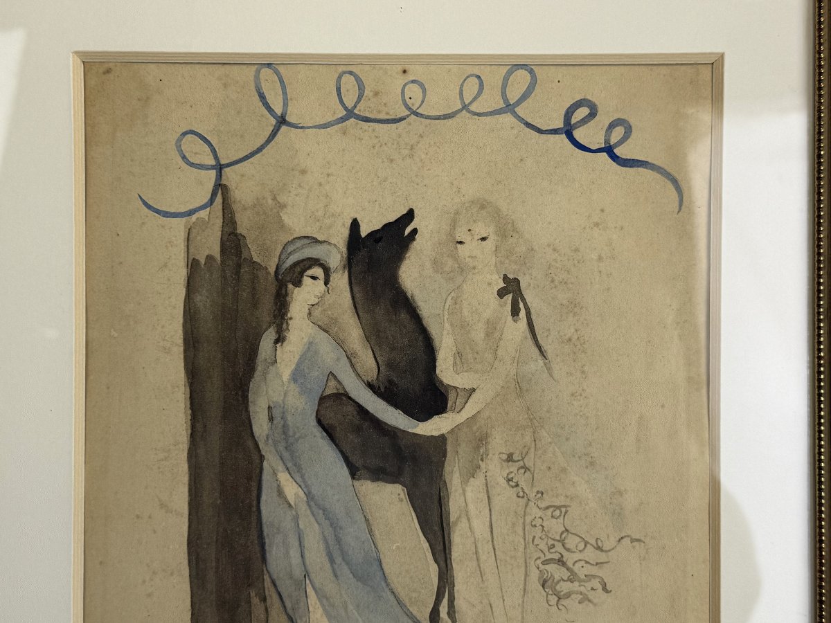 LITHOGRAPHIE REHAUSSÉE A AQUARELLE DE MARIE LAURENCIN 1883-1956 " LES BICHES "-photo-4