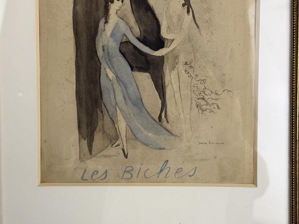 LITHOGRAPHIE REHAUSSÉE A AQUARELLE DE MARIE LAURENCIN 1883-1956 " LES BICHES "-photo-5
