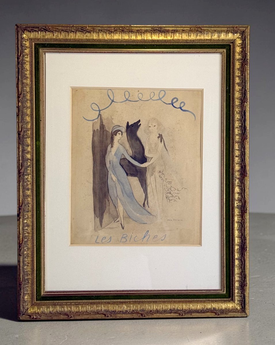 LITHOGRAPHIE REHAUSSÉE A AQUARELLE DE MARIE LAURENCIN 1883-1956 " LES BICHES "