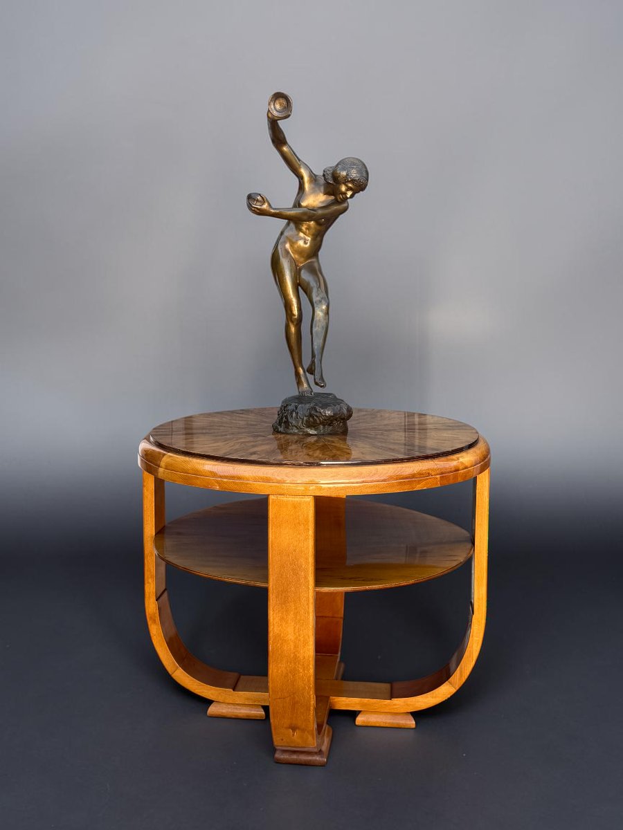Round Art Deco-era Side Table In Walnut Burl, Resting On 4 Curved Legs-photo-2