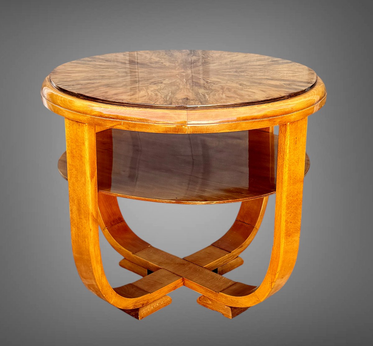 Round Art Deco-era Side Table In Walnut Burl, Resting On 4 Curved Legs-photo-3